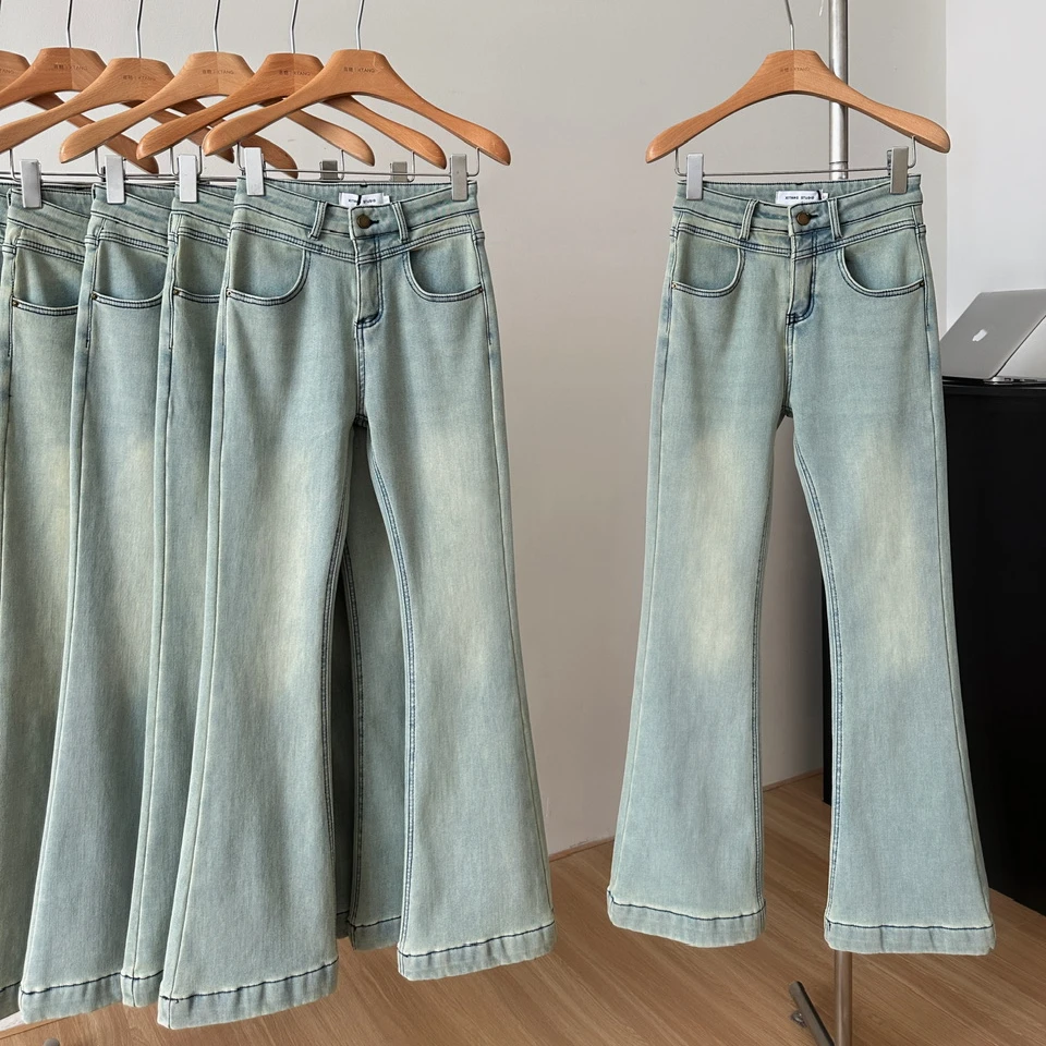 浅蓝高腰高弹牛仔喇叭裤2024新款时尚微喇牛仔裤女修身显瘦微喇裤