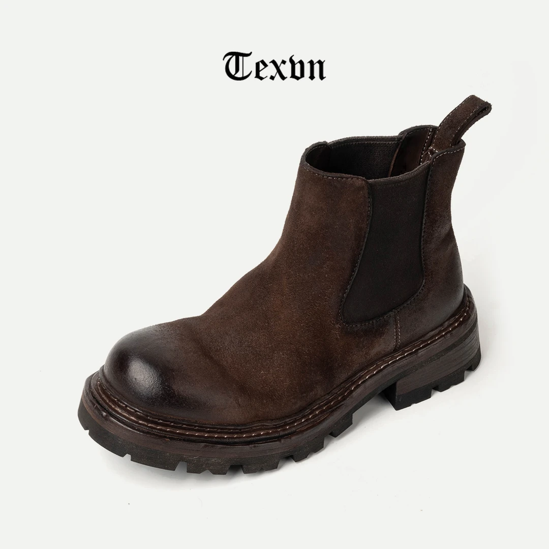 TEXVN/帝斯维恩固特异男士马皮复古高帮套脚圆头厚底切尔西短靴男