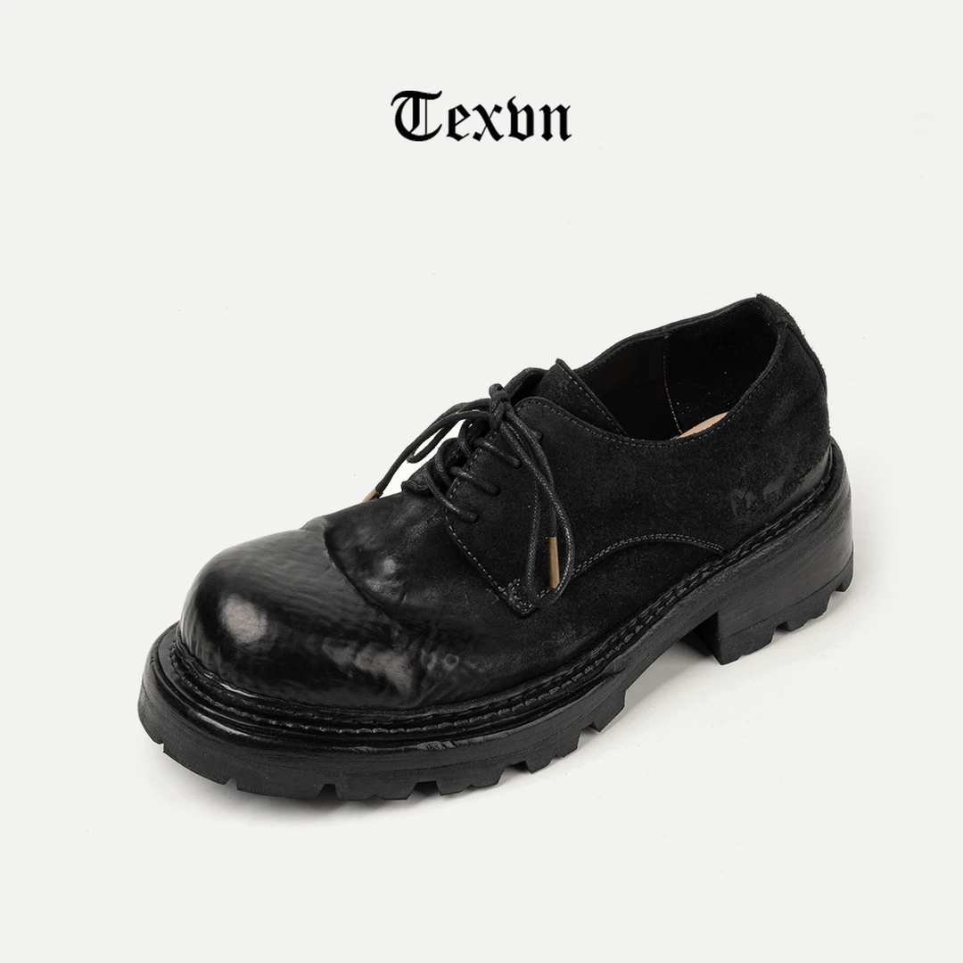 TEXVN/帝斯维恩固特异皮底男士系带马臀皮复古厚底圆头休闲男皮鞋