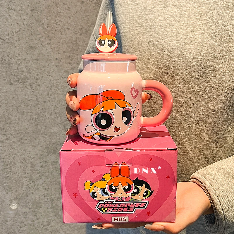 飞天小女警马克杯女生高颜值陶瓷水杯带盖日式吸管牛奶杯生日礼物