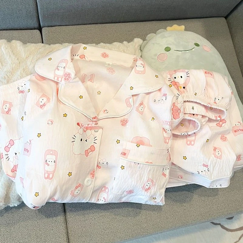 日系卡通凯蒂猫云朵棉睡衣女夏季薄款短袖短裤可爱甜美家居服套装