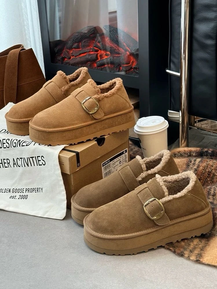 （MGG)2024新款厚底冬季加绒一字带棉鞋女鞋保暖一脚蹬防滑雪地靴