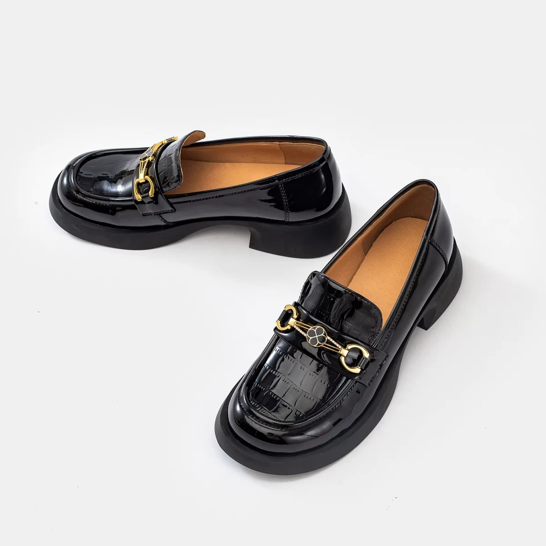 （MGG）厚底秋季乐福鞋圆头漆皮乐福鞋舒适时尚休闲百搭黑色真皮