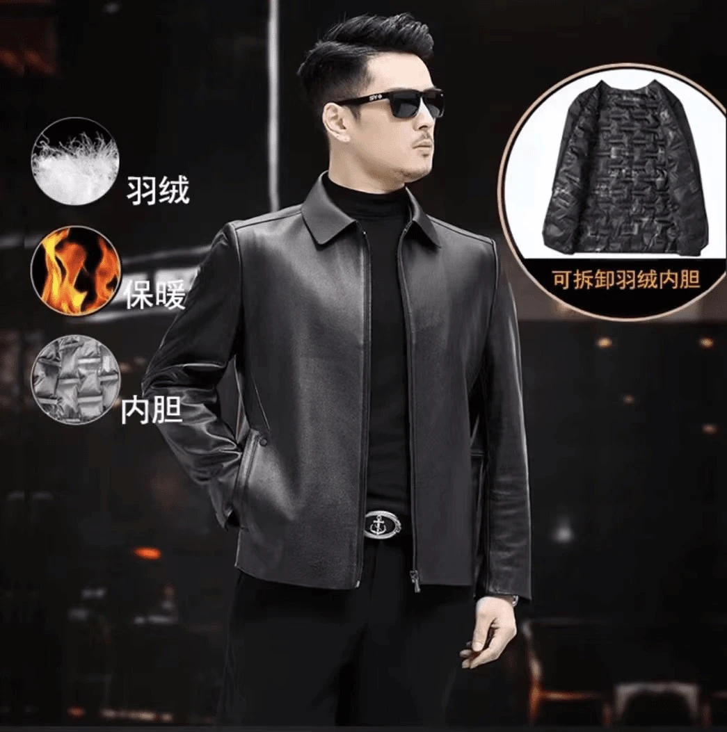 LSYX海宁男士真皮羽绒XY2383翻领可脱卸牛皮真皮羽绒外套