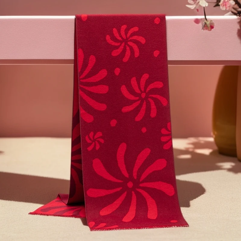 上海故事真丝提花拉绒双面百搭178*30cm红色长款围巾过年送人礼物