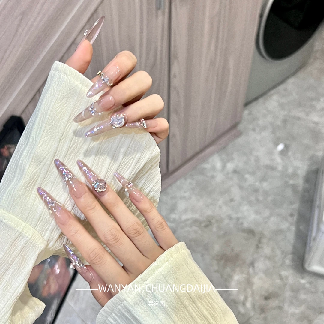 「 玛丽」WANYAN·温柔甜美风纯欲粉色渐变猫眼奢华钻纯手工穿戴甲