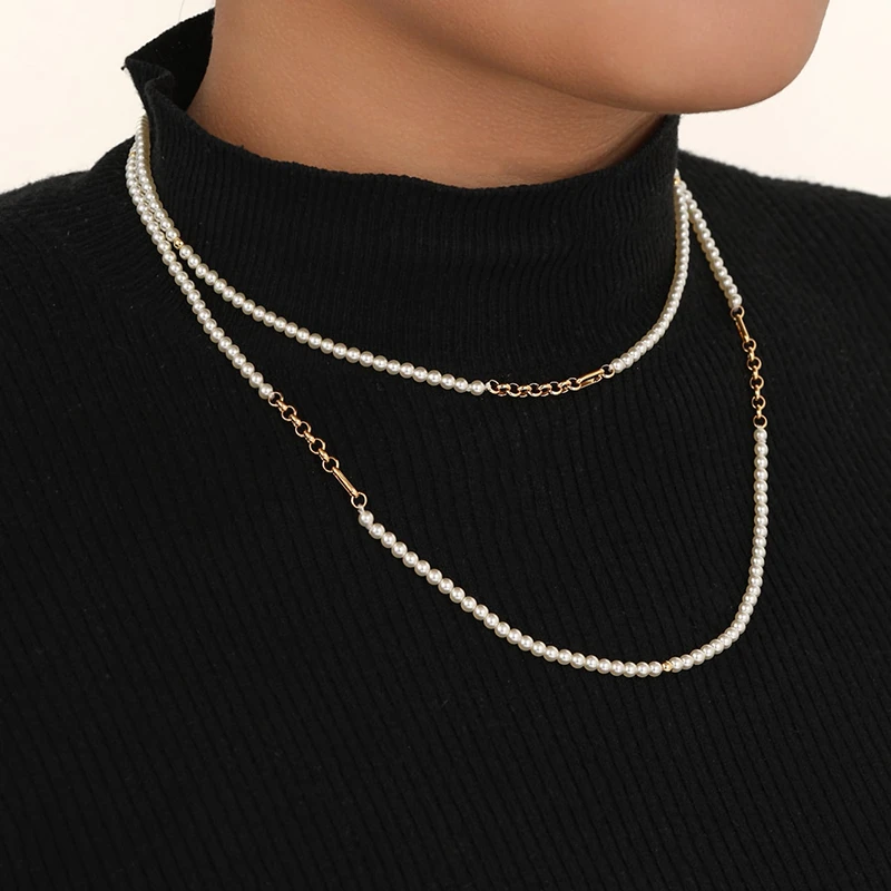 铜合金仿珍珠项链 高级感法式高亮小珍珠双层叠戴长款仿珍珠项链