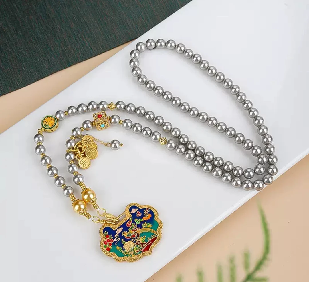 铜合金仿珍珠项链 国风一款多戴鸟语花香珐琅手工烧蓝项链颈饰