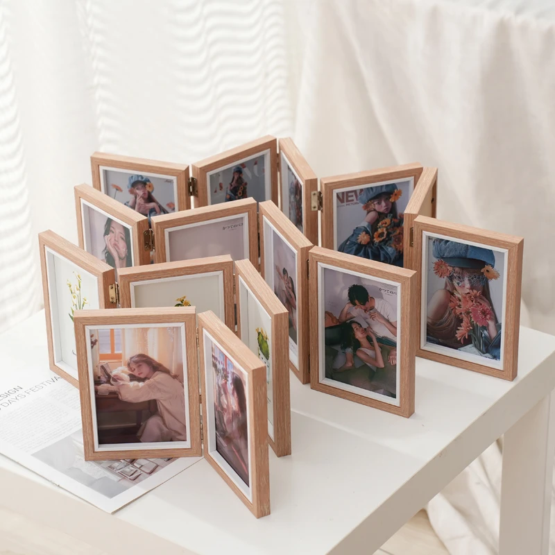 创意连体组合折叠相框摆台两联三联6寸7寸8寸木质简约相框原木色