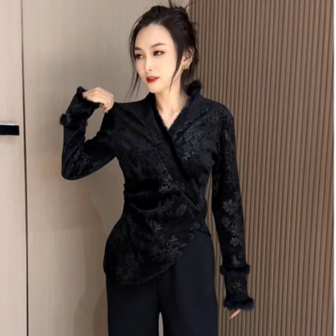 新款收腰显瘦丝绒中式打底衫复古V领拼接上衣