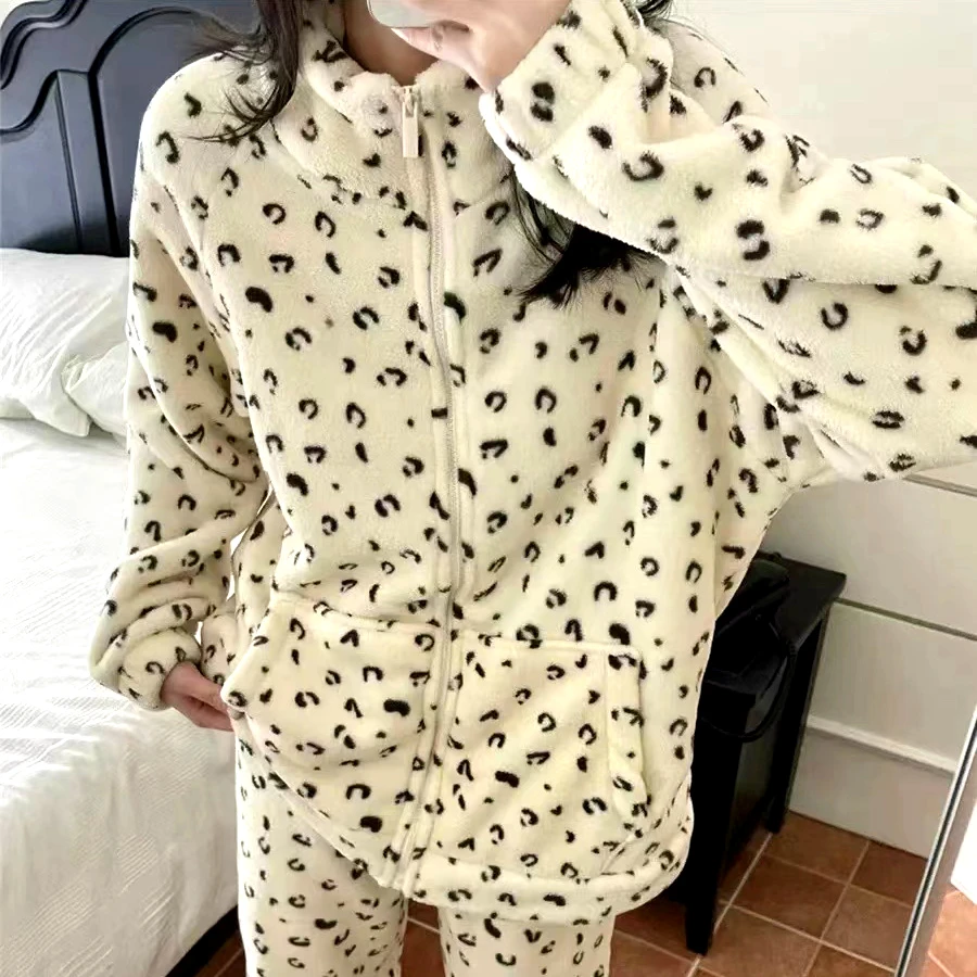 情侣珊瑚绒家居服套装女秋冬可出门加厚拉链睡衣两件套法兰绒卫衣