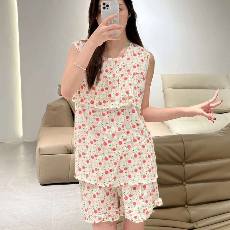 防凸点睡衣女夏天超薄款棉绸夏季背心短裤无袖套装凉感绵绸家居服