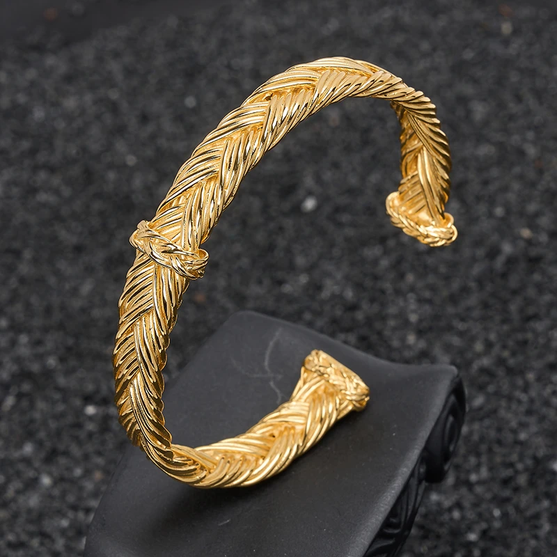 925银手镯 梁雅帝专属新品重工复古金麻花线条编织实心纯银手镯