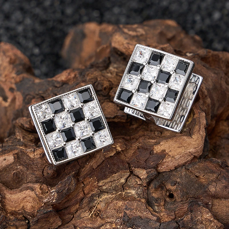 925银珐琅耳饰 新品黑白棋盘格撞色几何方形纯银耳扣