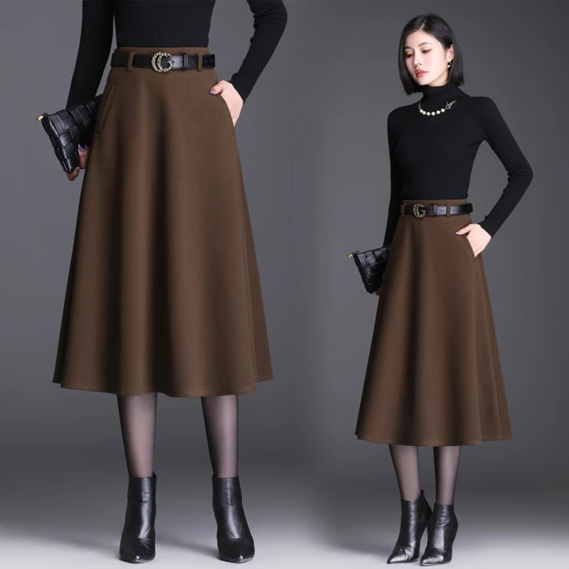 【雅丹】显瘦半身裙高腰A字裙半身毛呢裙百褶裙中长款气质秋冬大码