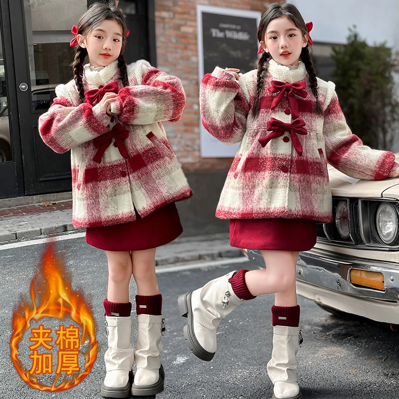 女童名媛红色毛呢套裙夹棉加厚冬季女孩20246-12岁16格子女童套装