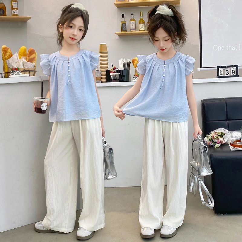 女童夏季冰丝飞袖套装2025新款洋气娃娃衫中大童阔腿裤时髦女装潮