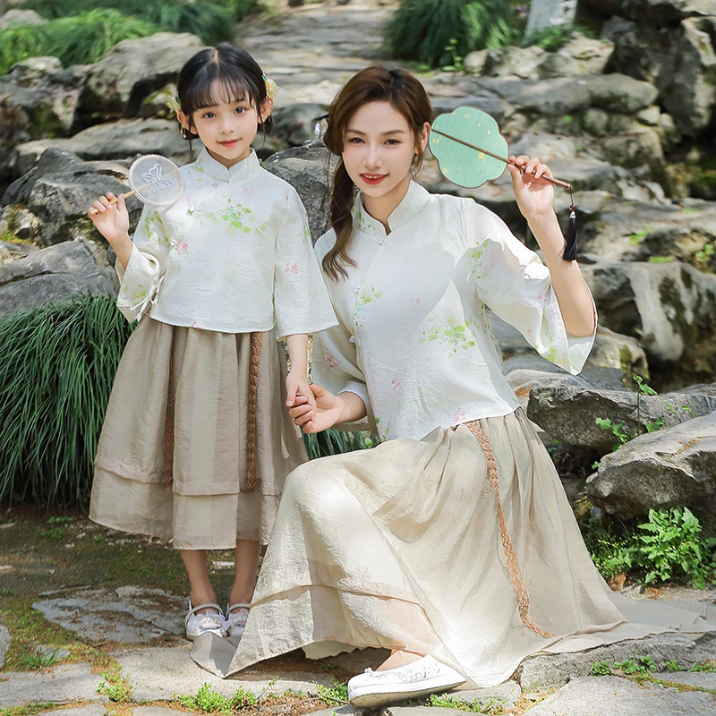 亲子装两件套新中式汉服女童夏季古风民国风汉元素学生儿童复古潮