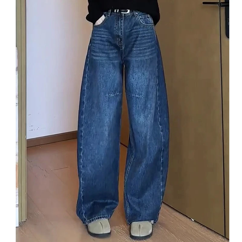 美式明线设计弯刀裤女2025冬季新款宽松显瘦休闲百搭复古牛仔长裤