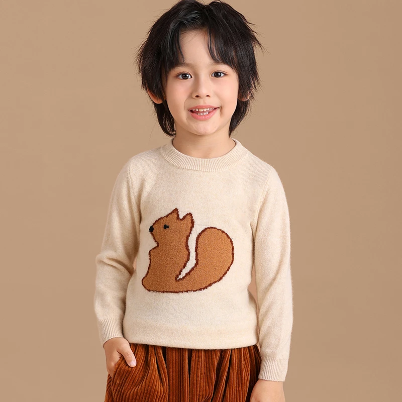 小松鼠提花儿童100%羊毛针织保暖羊毛衫圆领90-160CM打底毛衣卡通