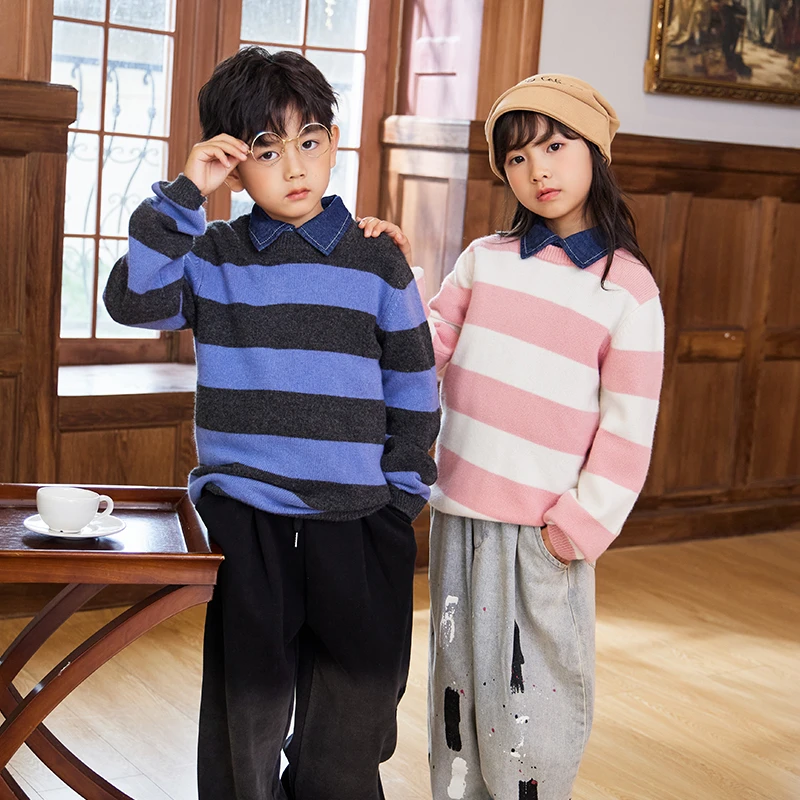 超可爱 宽条纹经典男童女童针织衫休闲保暖圆领套头长袖羊毛衫