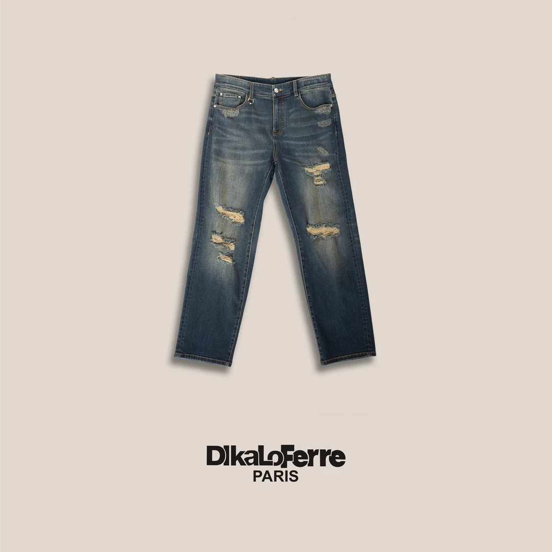 DIKALO FERRE/迪卡里奥 费雷128601男士春季大破洞阔腿直筒牛仔裤