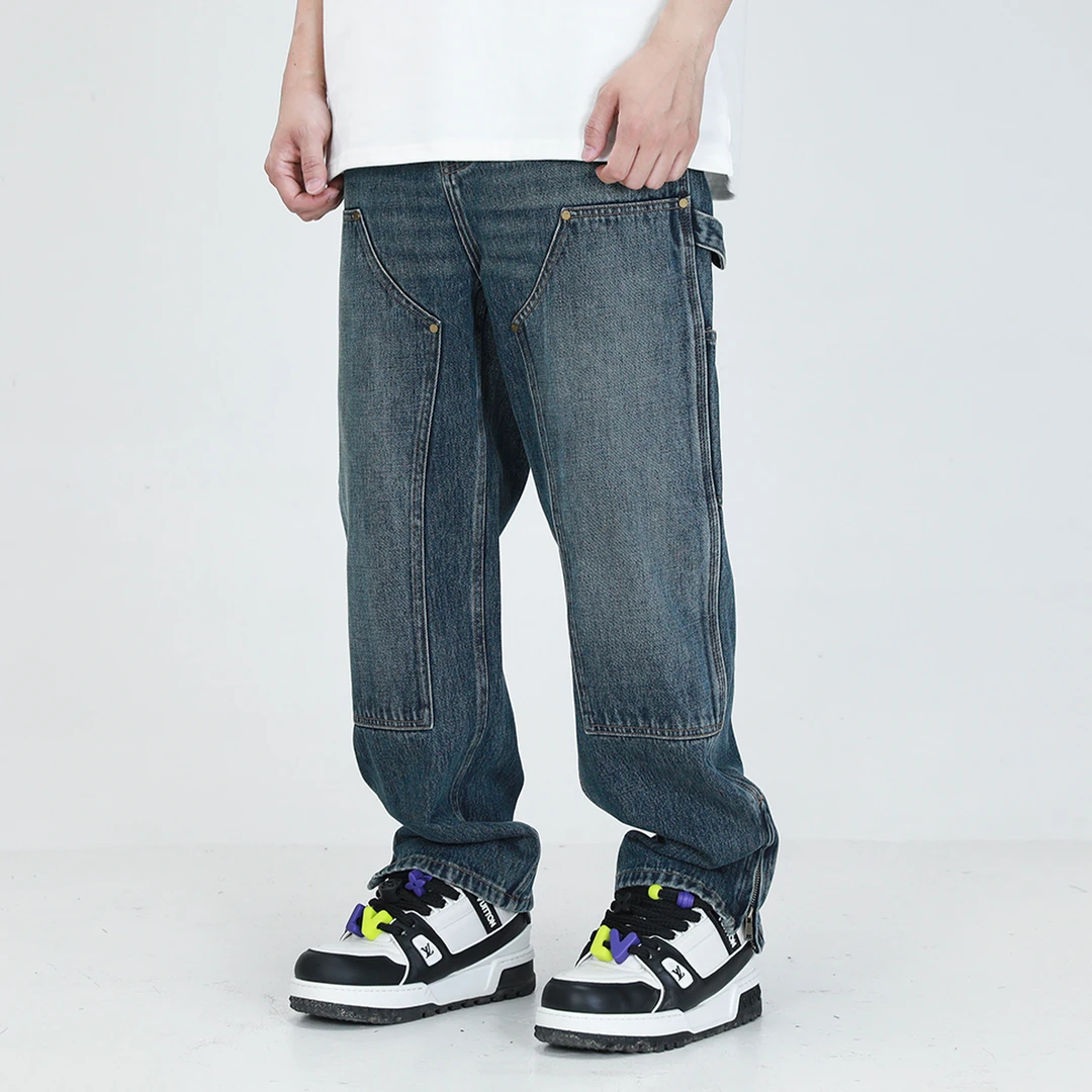 聪明陈S123 欧美巴黎风拼接设计感铆钉装饰宽松直筒牛仔裤