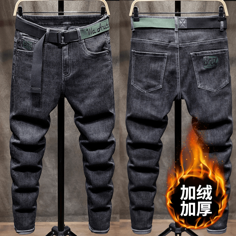 2023秋冬牛仔裤男士修身小脚潮牌直筒加绒加厚冬季黑色男士休闲裤