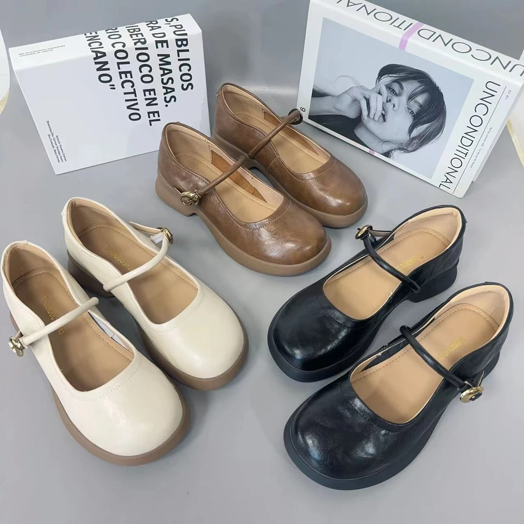 3587新款圆头复古舒适百搭软底搭扣单鞋