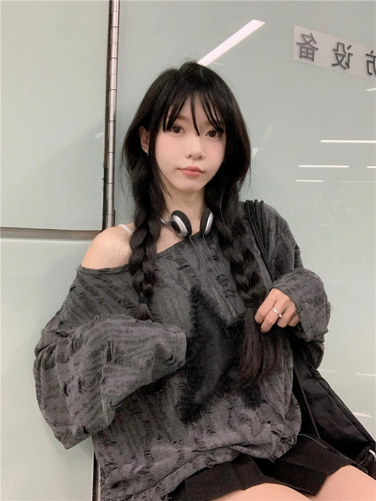 甜辣设计感防晒露肩长袖T恤罩衫女秋季宽松抽绳绑带百搭上衣ins