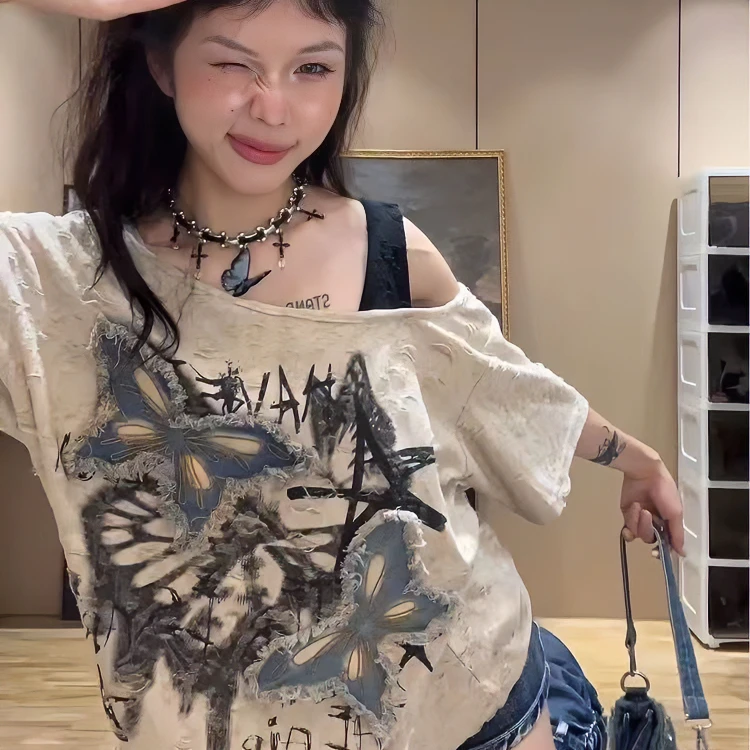 美式复古甜酷辣妹蝴蝶贴布宽松小众设计感短袖T恤ins上衣女夏季