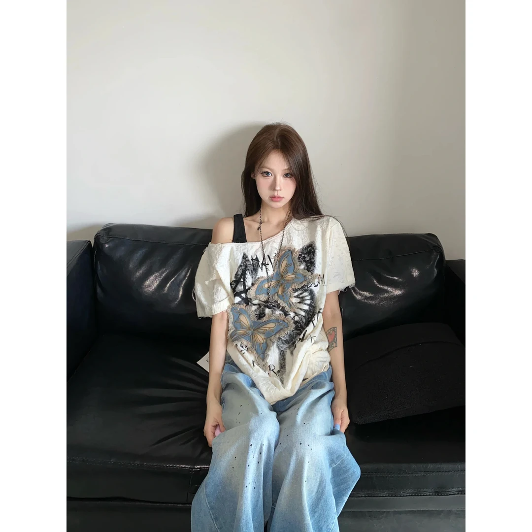 辣妹穿搭女士印花露肩短袖上衣宽松百搭夏微胖女生穿搭设计不规则