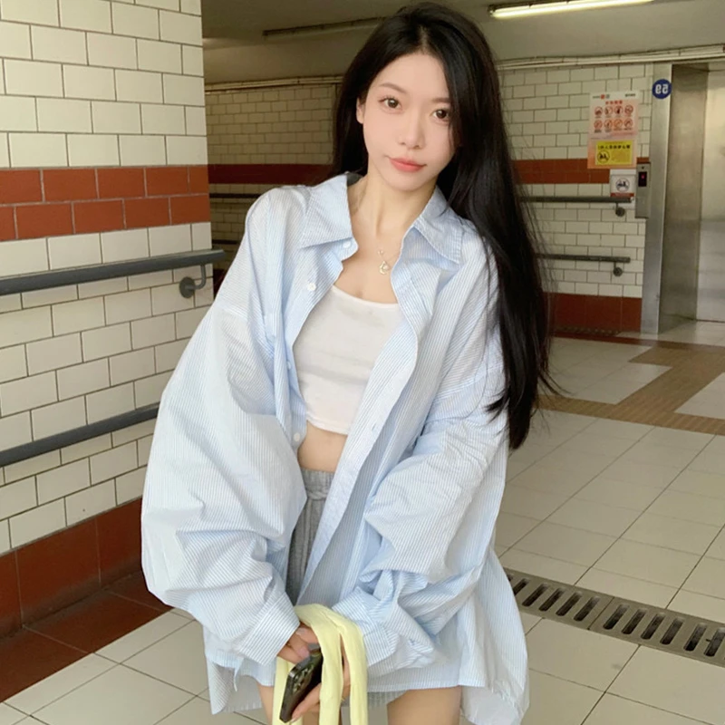 【五色】设计感条纹Polo领衬衫外套防晒衬衣宽松休闲开衫中长款上衣