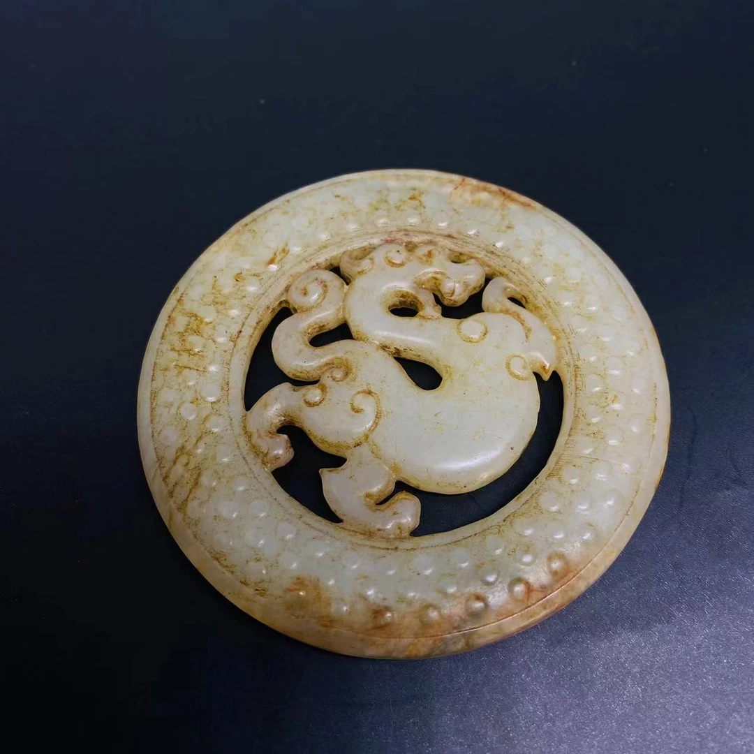 和田白玉龙璧铭晟玉器中古白色吊坠镂空雕刻精美挂件编制好发货