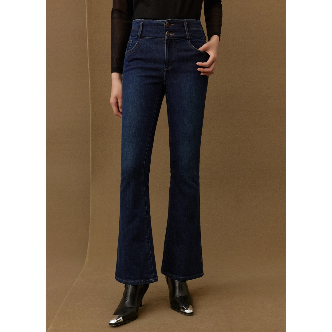 【商场同款】曼德诗加绒微喇牛仔裤冬棉质复古高腰马蹄裤M103302657