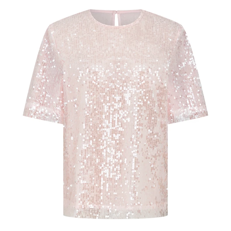 曼德诗设计感T恤春装新款复古亮片圆领短袖上衣M313108482