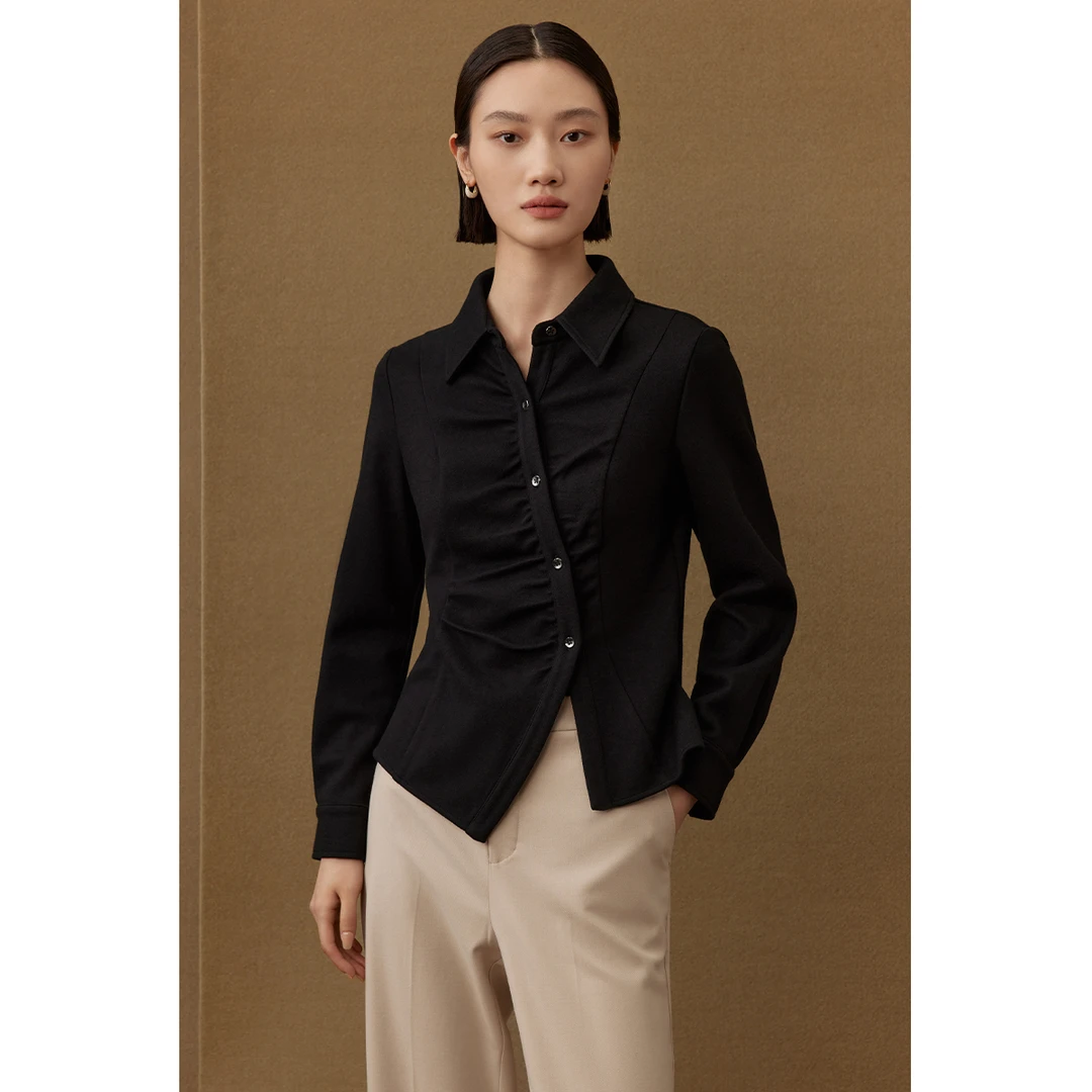 【专柜同款】M311302560曼德诗绵羊毛棉质混纺衬衫秋冬纯色气质衬衣