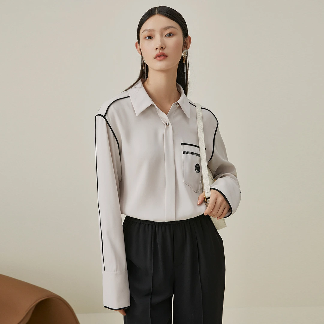 【诗语专属】曼德诗撞色线条衬衫春季翻领长袖衬衣331056-83568