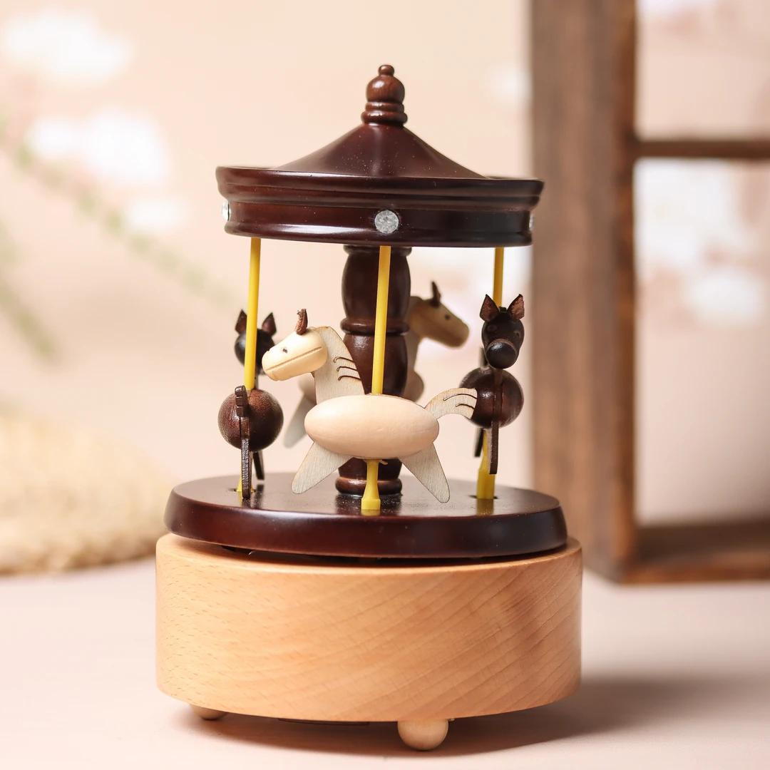 手工木制音乐盒玩具一升降旋转木马（黑）