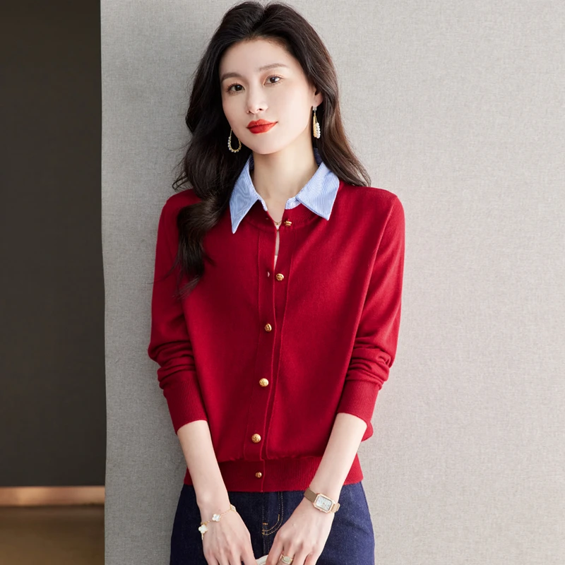 假两件衬衫领针织开衫女春秋季高级感内搭本命年翻领短款毛衣外套