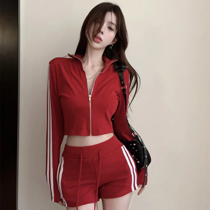 时尚条纹上衣套装女夏运动风撞色休闲百搭抽绳短裤两件套2023秋季