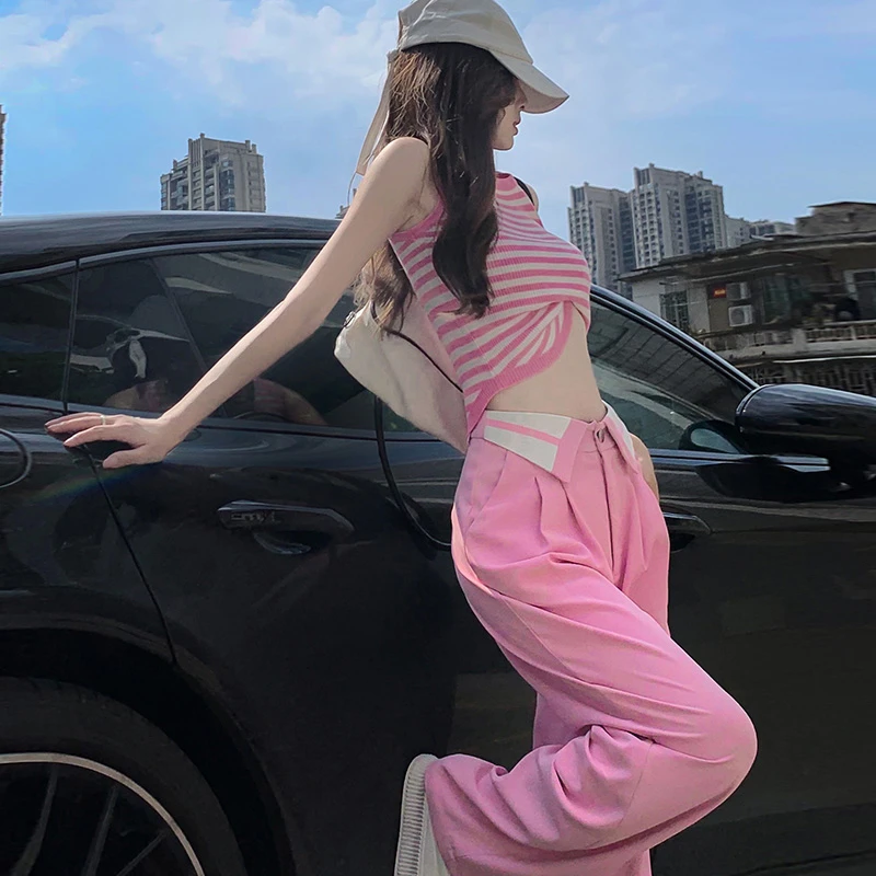 粉色裤子女夏搭配上衣甜酷西装阔腿裤休闲垂感设计感小众百搭辣妹
