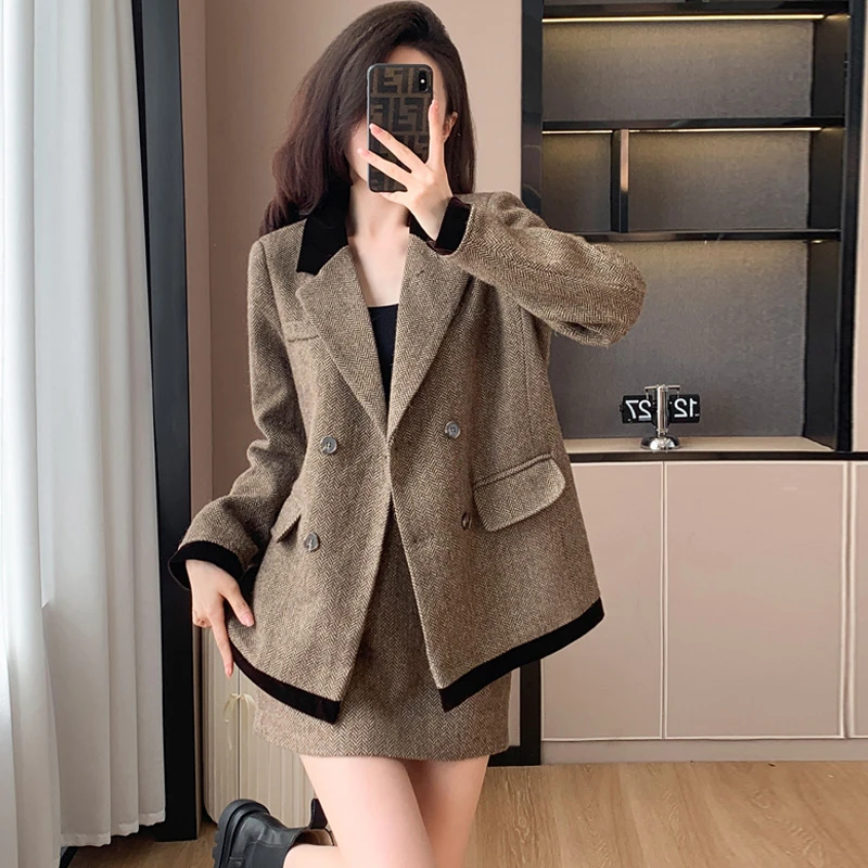 毛呢西装外套裙子两件套秋冬套装高级感女御姐时尚洋气时髦设计感