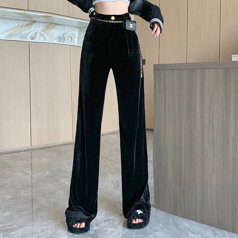 金丝绒阔腿裤黑色女秋冬高腰垂感拖地裤宽松直筒加绒丝绒裤子高端