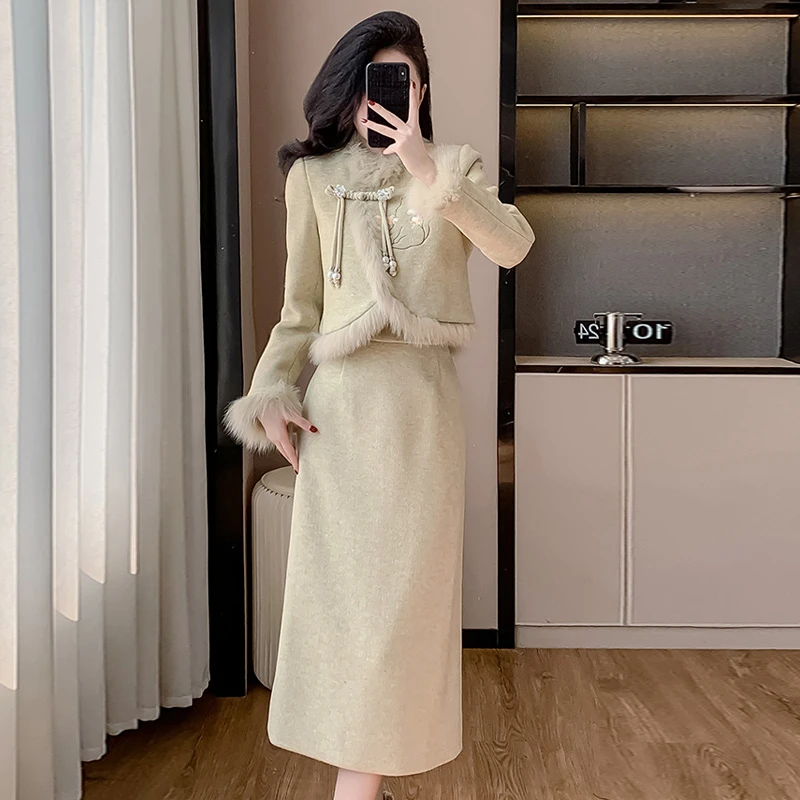 新中式国风套装冬季改良日常羽绒短外套女小香风高级感两件套长裙