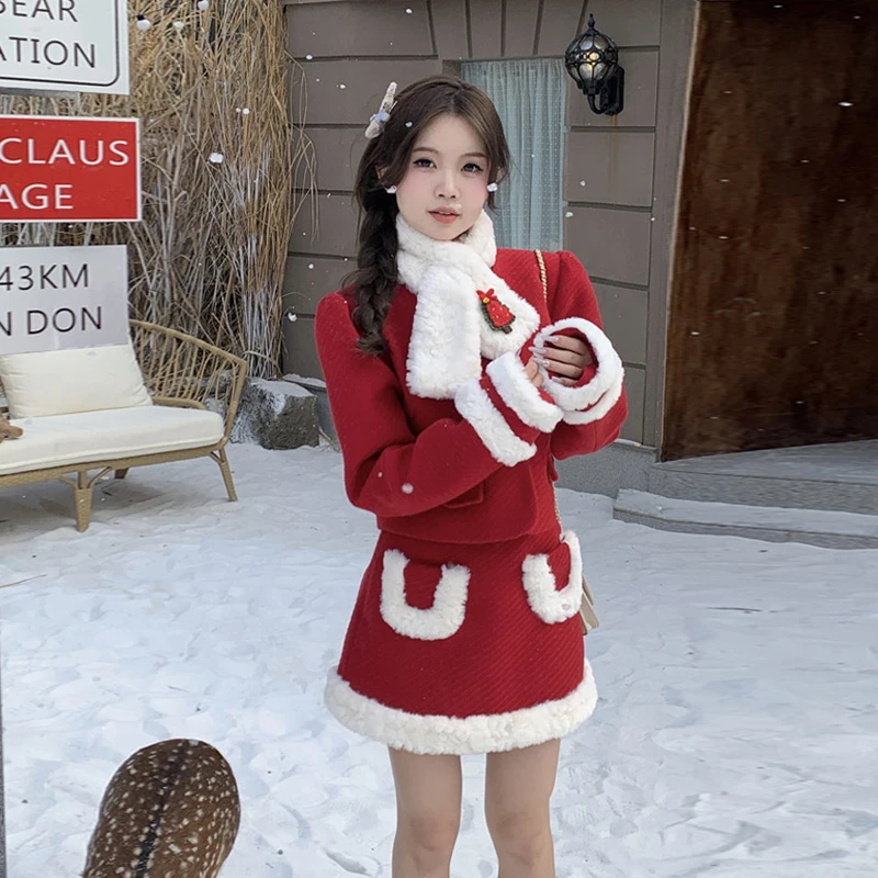 红色圣诞氛围感穿搭套装小个子气质毛呢外套毛毛拼接半身裙两件套