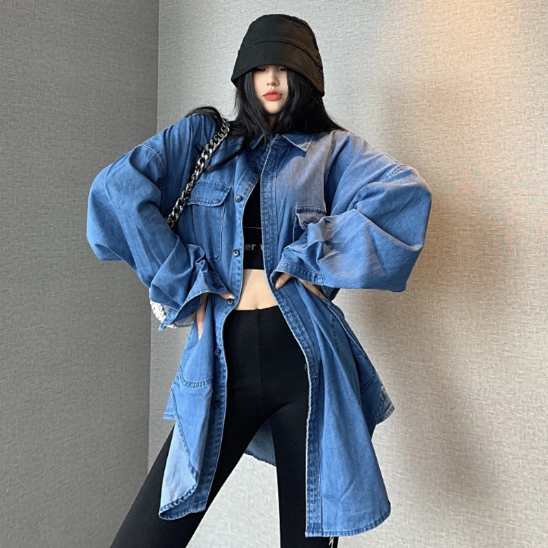 复古牛仔衬衫女宽松港风休闲设计感小众长袖外套上衣慵懒风中长款