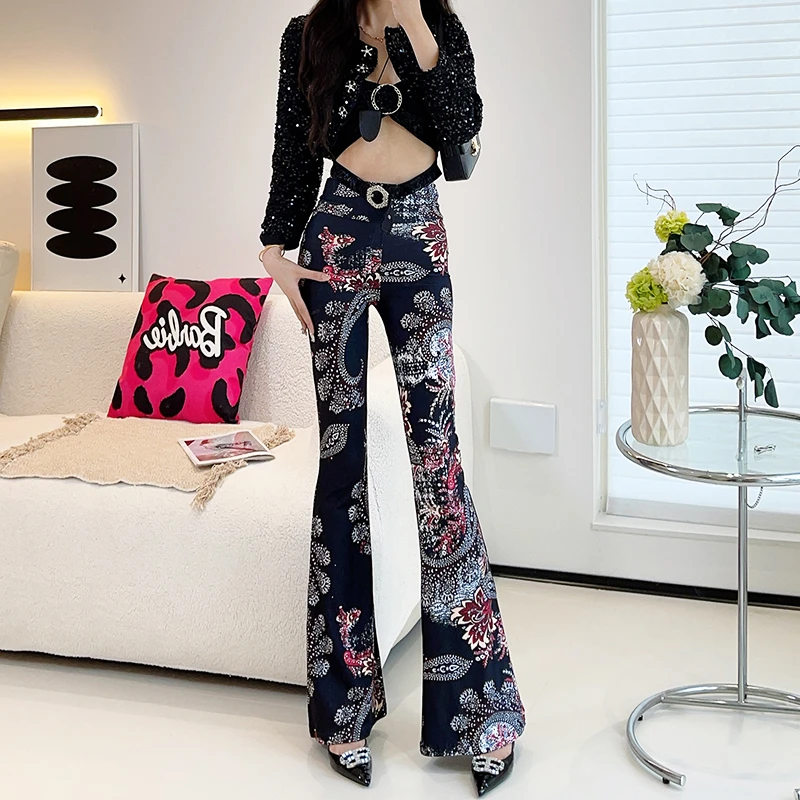 春秋季薄款裤子女时尚气质碎花百搭高腰包臀显瘦休闲阔腿大喇叭裤