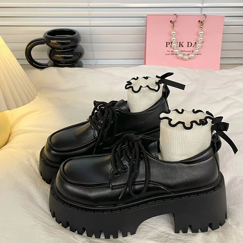 厚底玛丽珍小皮鞋女英伦风2024春秋季新款黑色增高系带单鞋乐福鞋