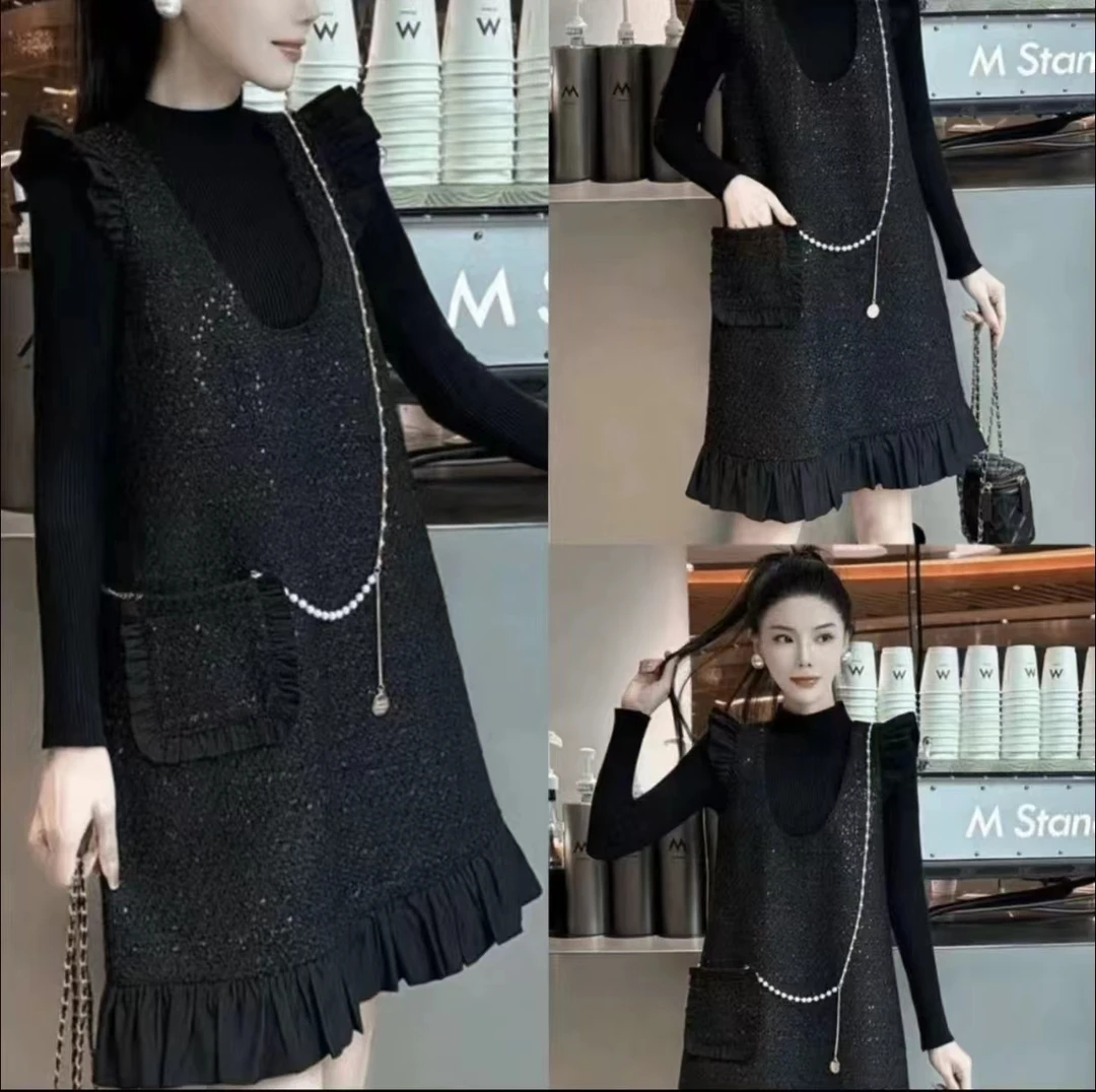 2024秋冬赫本风黑色裙子套装重工小香编织粗花呢马甲连衣裙两件套